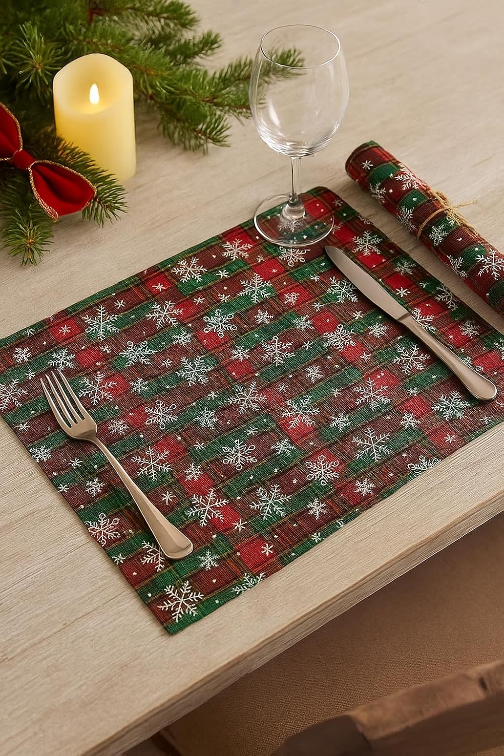 Set of 4 red and green tartan plaid placemats with white snowflake print