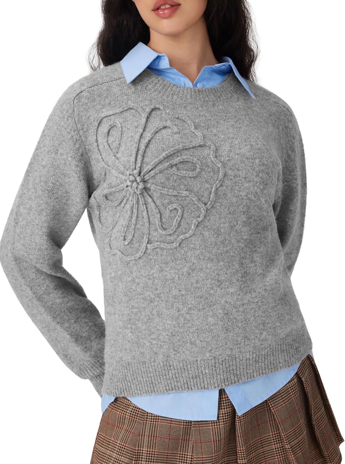 Dark grey crewneck knit sweater with long sleeves and raised floral applique, loose fit