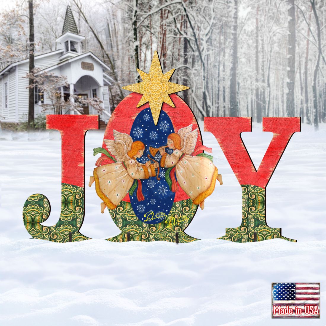 Outdoor “JOY” nativity yard decor with angels and a yellow star, red and green accents.