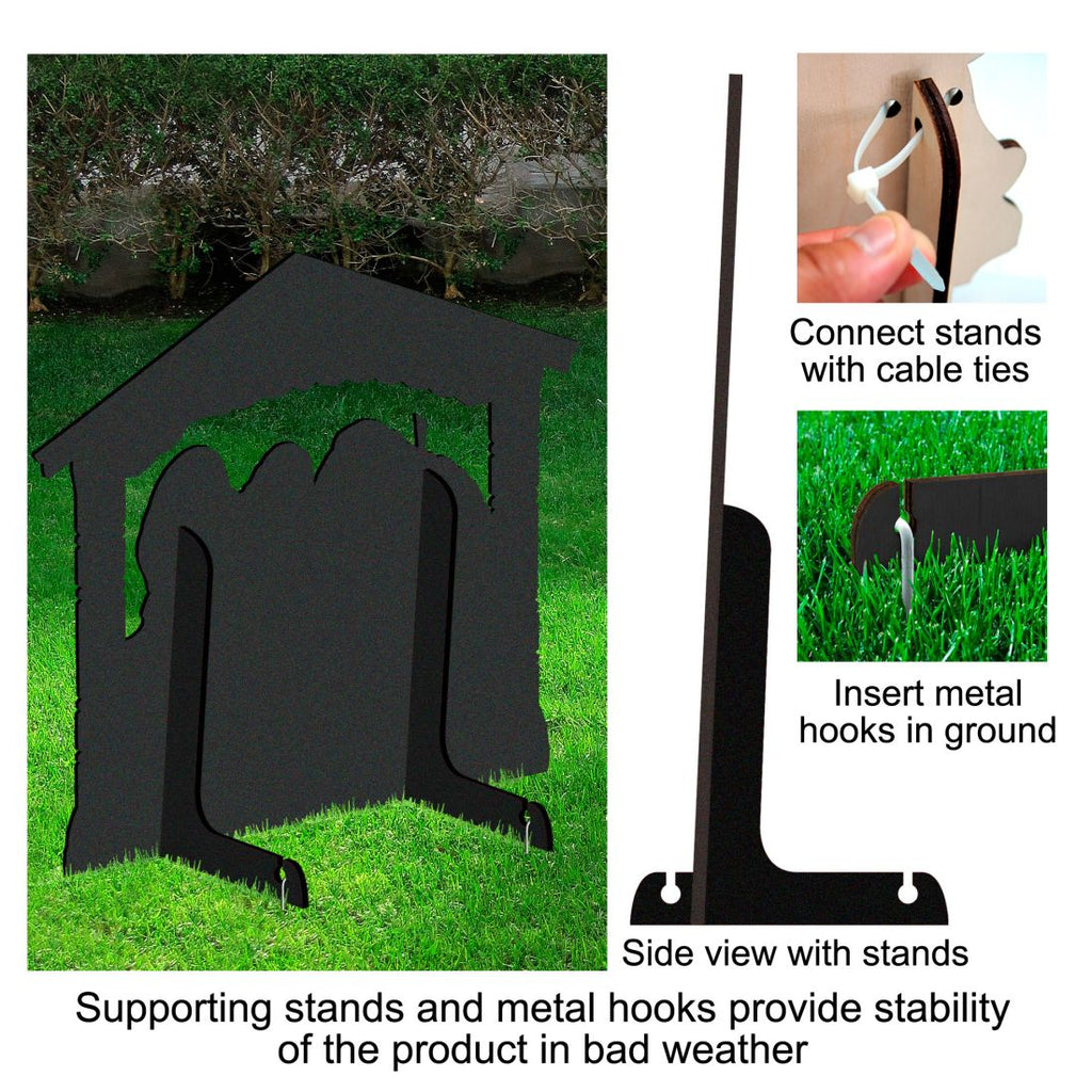 Outdoor nativity decor display stand with cable ties and metal hooks for ground support.