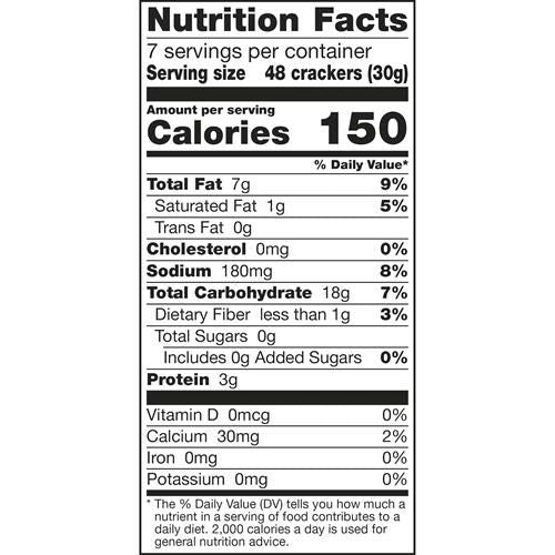 Nutrition facts panel for baked snack crackers, 7 servings, 48 crackers per serving