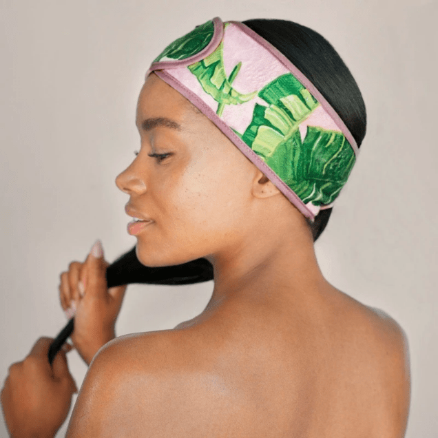 Microfiber headband with pink base and green palm leaf pattern