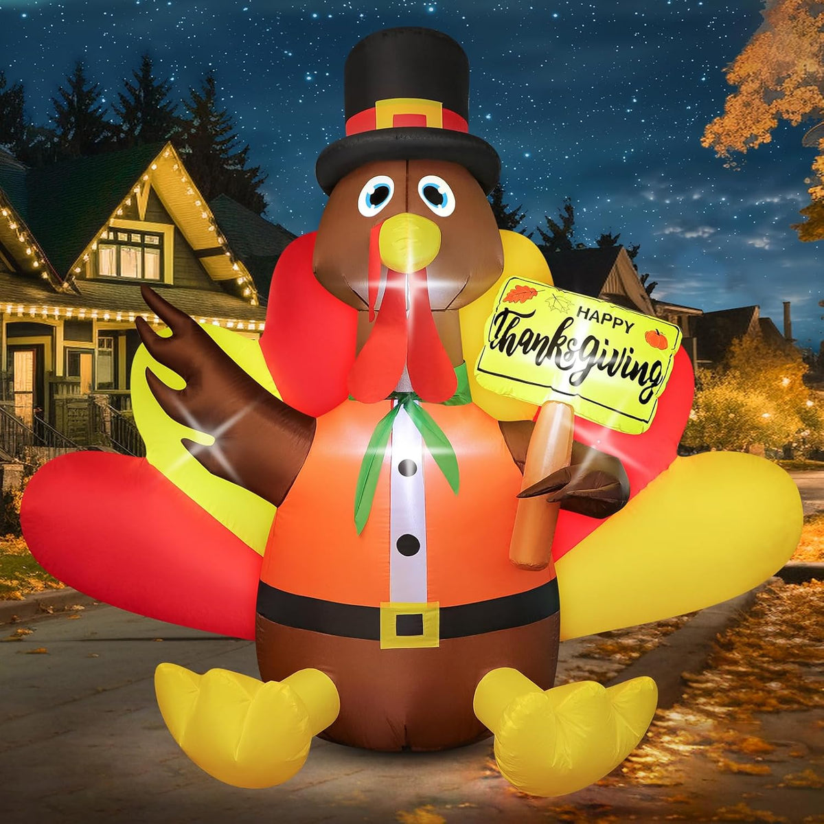 Inflatable turkey character holding a sign that says "Happy Thanksgiving"; glowing lights