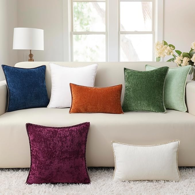Plum chenille euro pillow cover with stitched border and textured velvet finish