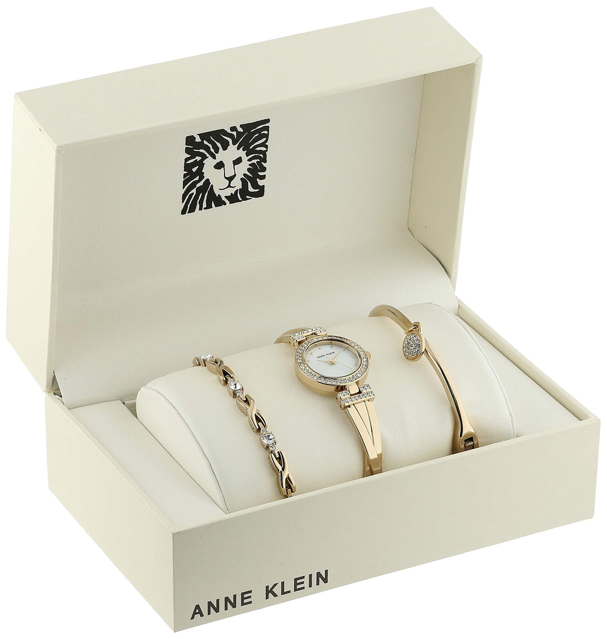 Anne Klein jewelry gift box with watch and bracelet set accessories inside.