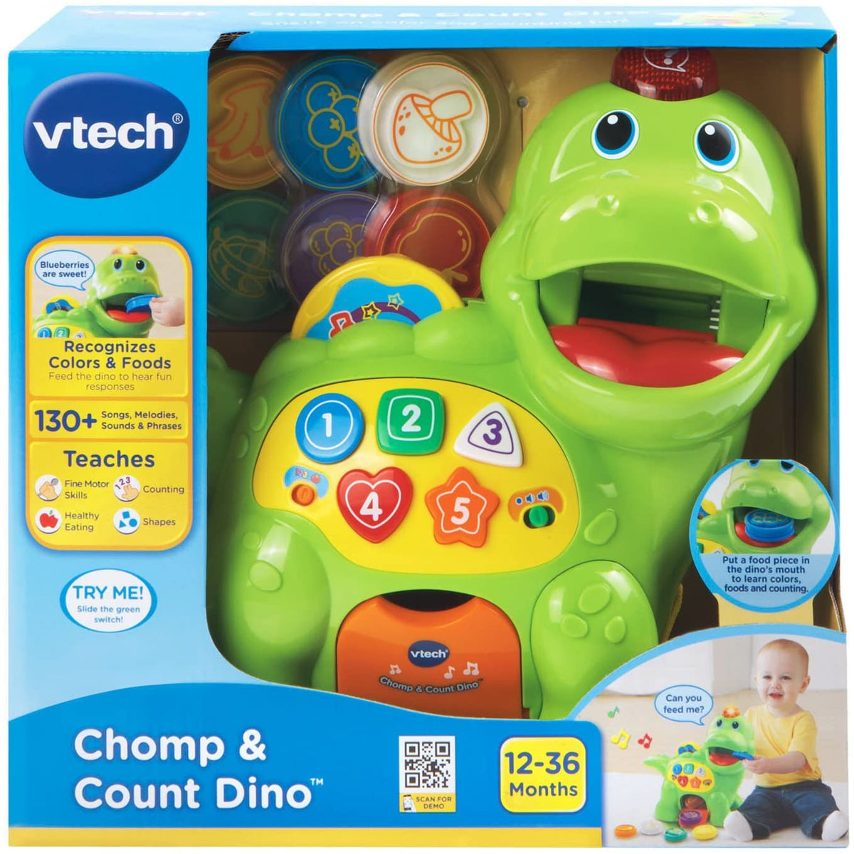 VTech Chomp & Count Dino box packaging featuring green dinosaur toy with number panel