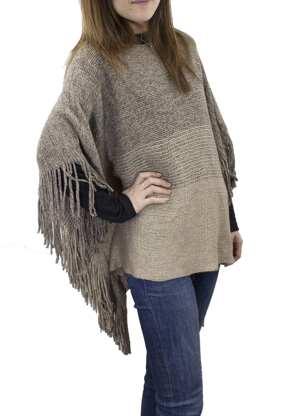 Two-tone knit poncho cardigan with batwing sleeves and long fringe, side view