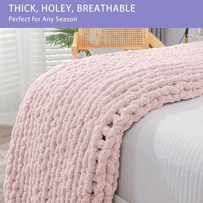 Chunky knit throw blanket, rose tan, thick braided texture on white sofa