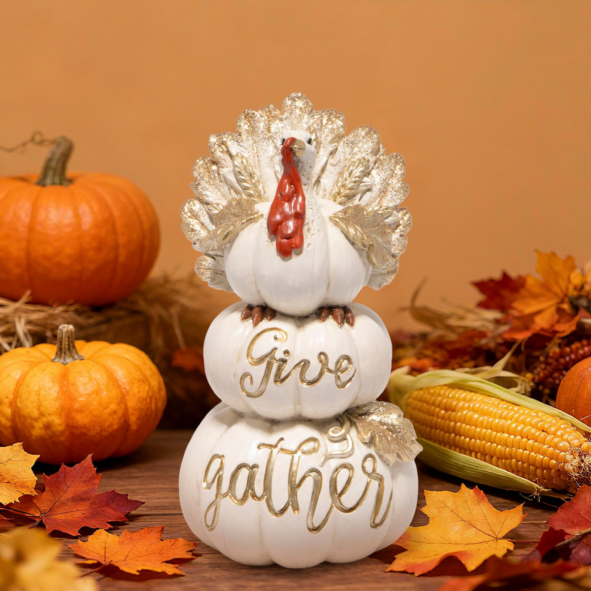 White resin stacked pumpkin turkey figurine with gold foil 'Give thanks' wording