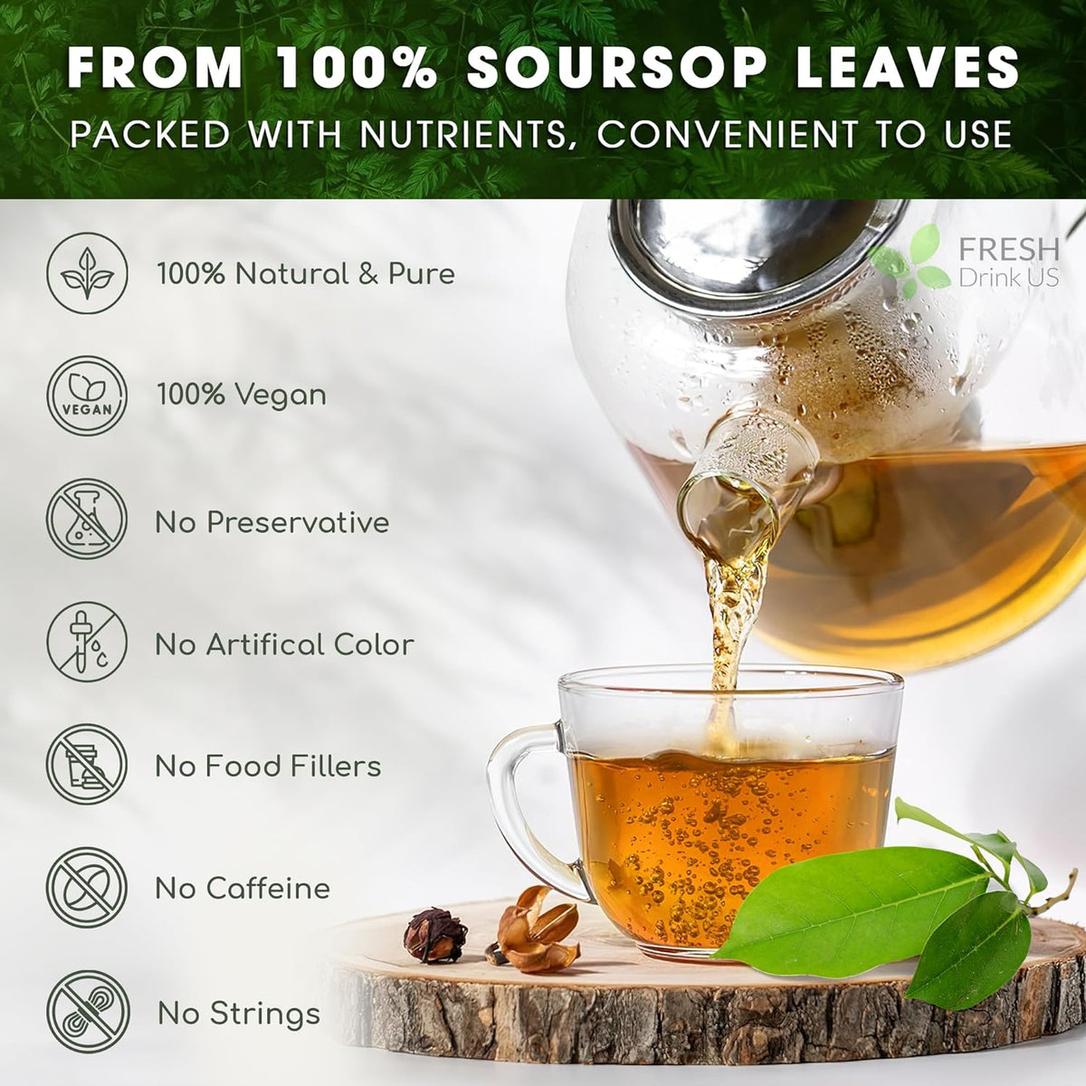 Soursop leaf tea cup with pouring tea and green leaves beside