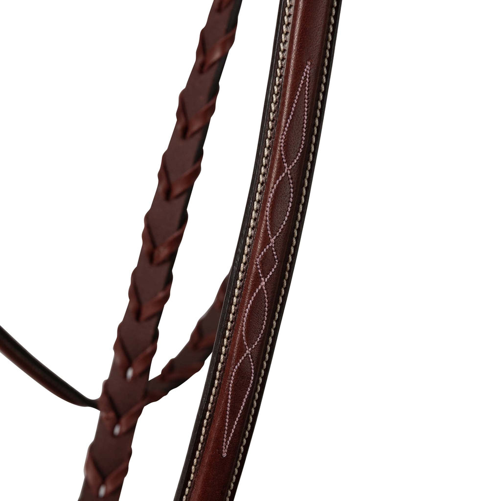 Brown leather reins close-up with stitched detailing and laced braided sections