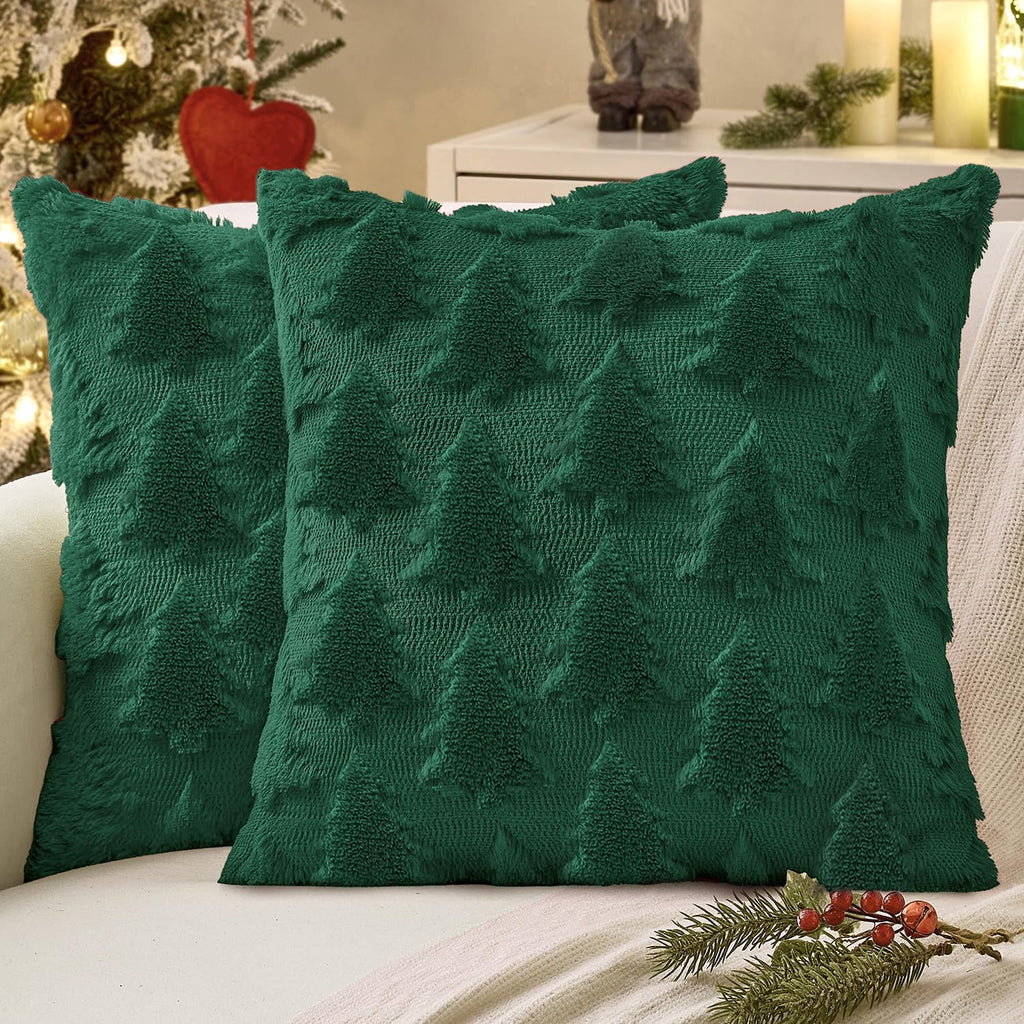 Dark green Christmas tree patterned throw pillow covers, plush faux wool look, set of 2
