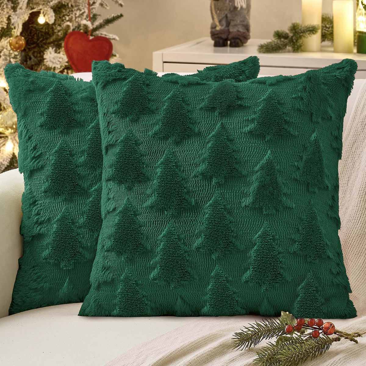 Dark green Christmas tree patterned throw pillow covers, plush faux wool look, set of 2