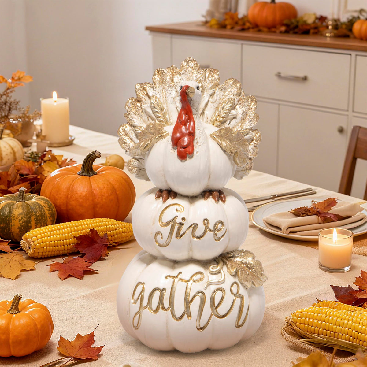 White resin stacked pumpkin turkey figurine with red turkey and gold foil 'Give thanks'