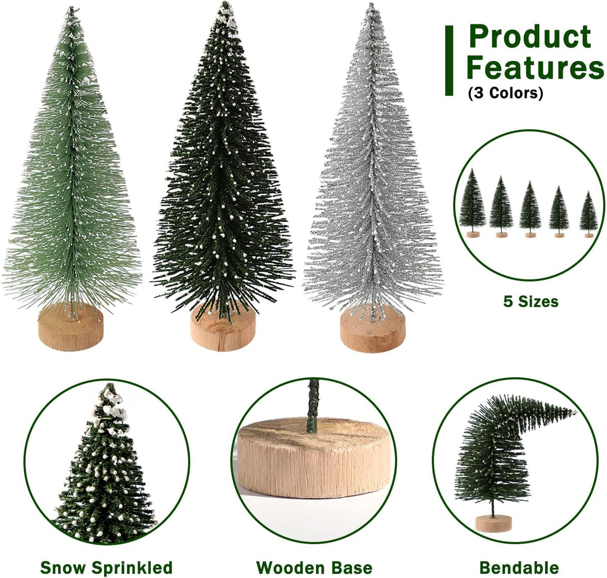 Set of mini bottle-brush Christmas trees with wooden bases, showing multiple colors