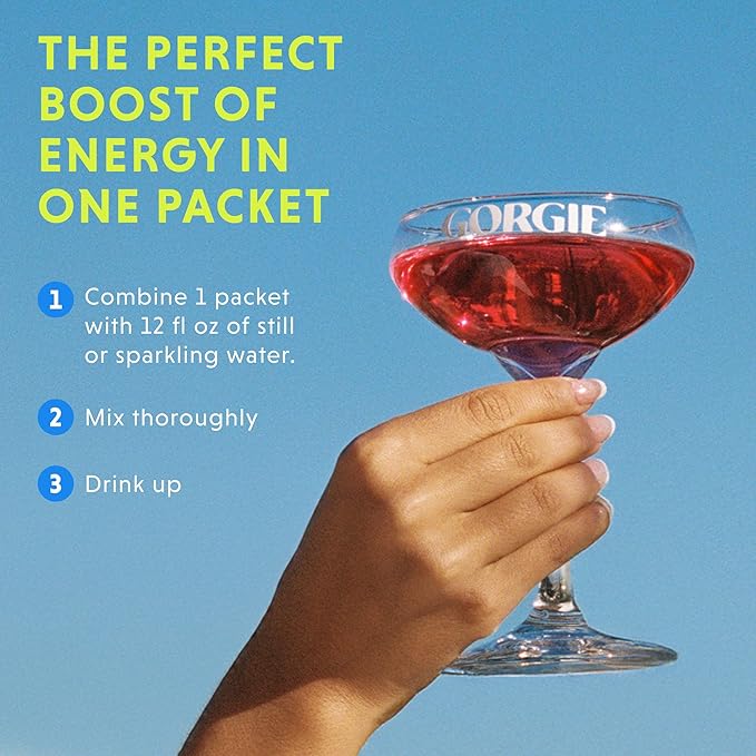 GORGIE energy drink mix packet instructions for mixing with water or sparkling water