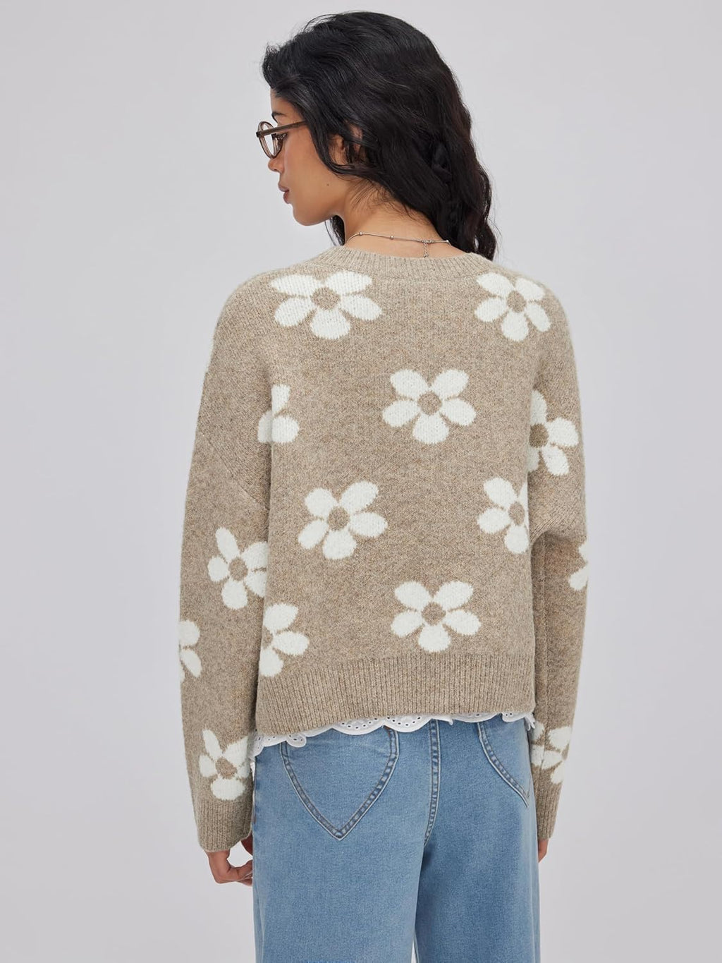 Women’s khaki knit sweater with allover white flower pattern, long sleeves