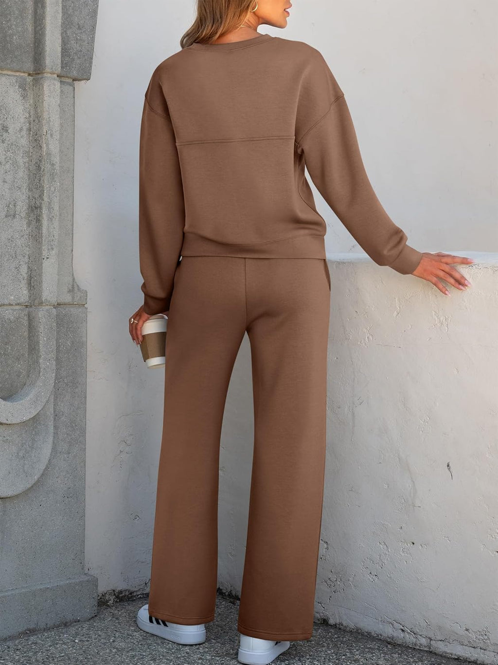 Brown 2-piece sweatsuit set with long sleeves, chest pocket, and drawstring wide-leg pants