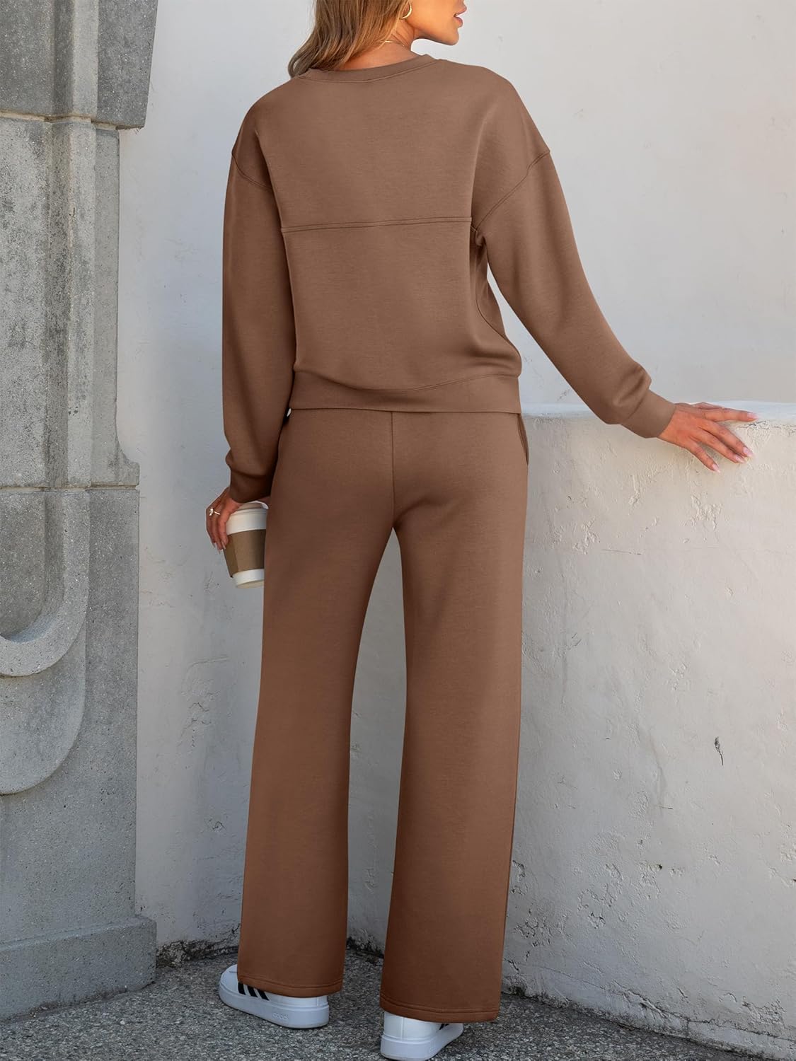 Brown 2-piece sweatsuit set with long sleeves, chest pocket, and drawstring wide-leg pants