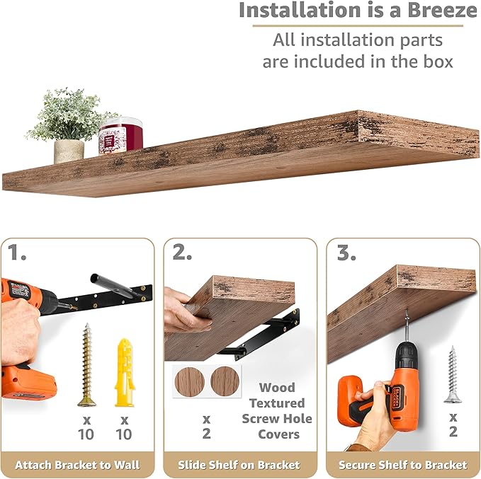 Mahogany floating wall shelf with mounting bracket, screws, and installation parts