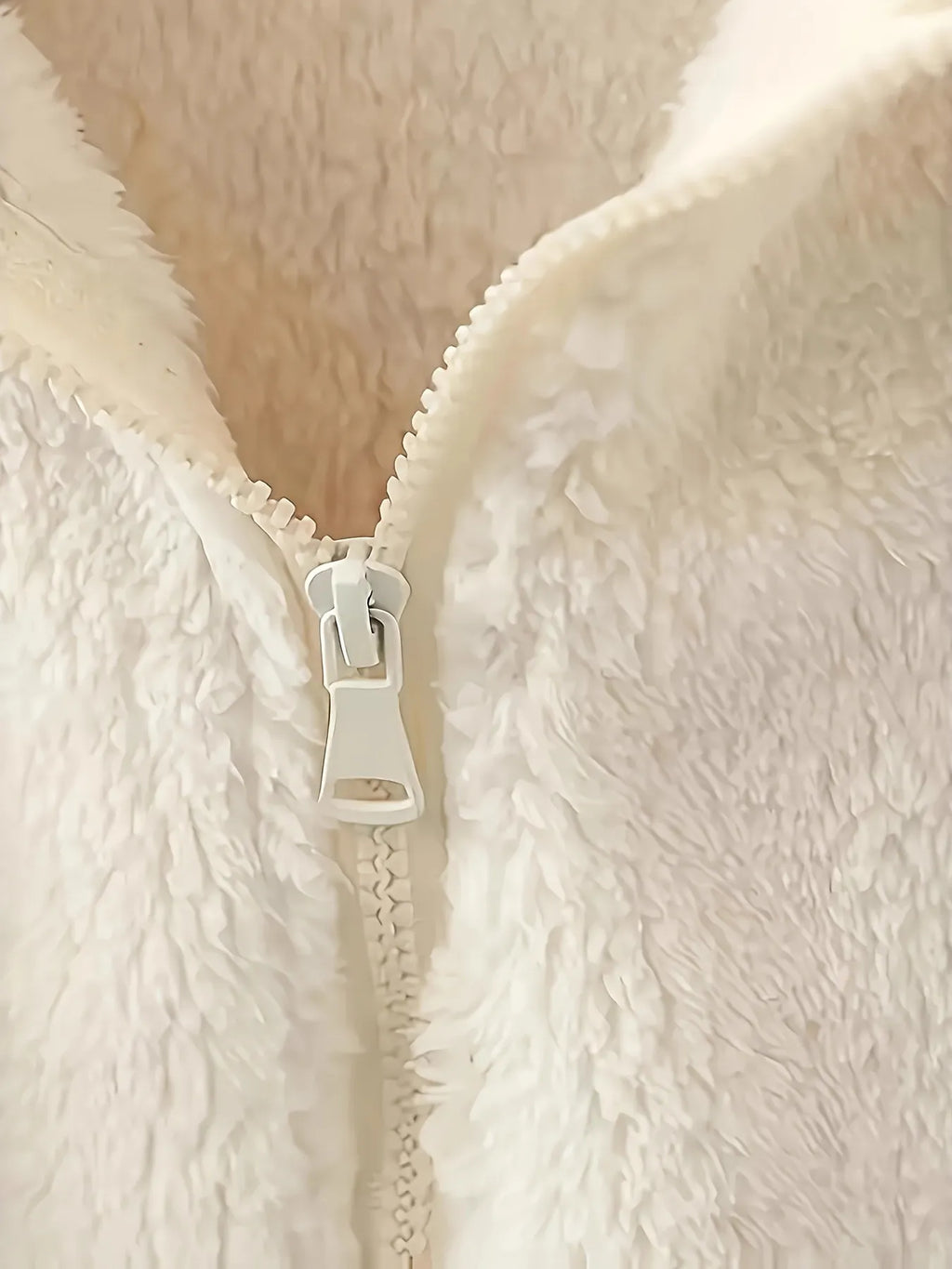 Close-up of white fleece hood zipper with metal pull