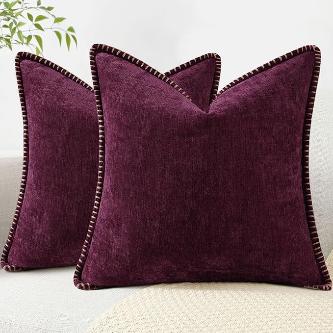 Plum chenille euro pillow cover set with stitched edge and piped border