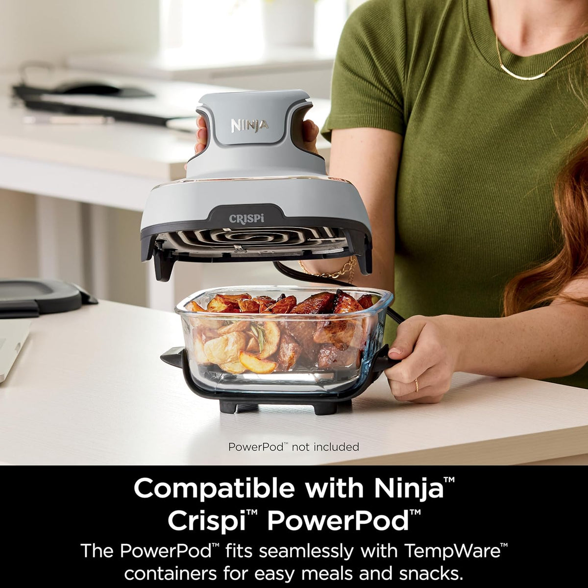 Glass meal container with snap-lock lid, compatible with Ninja Crispi PowerPod setup