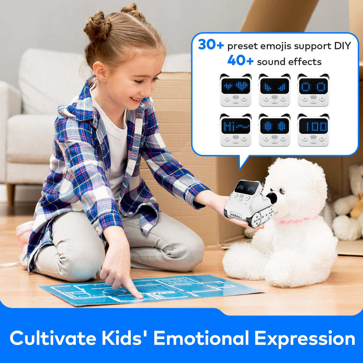 White coding robot toy with blue LED screen, held by a child.