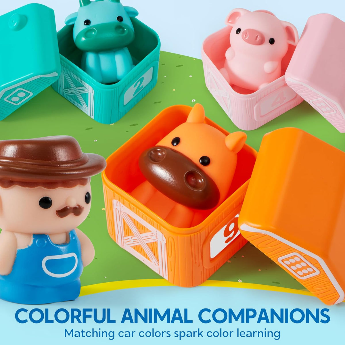 Colorful farm animal figures inside numbered toy barns with farmer character