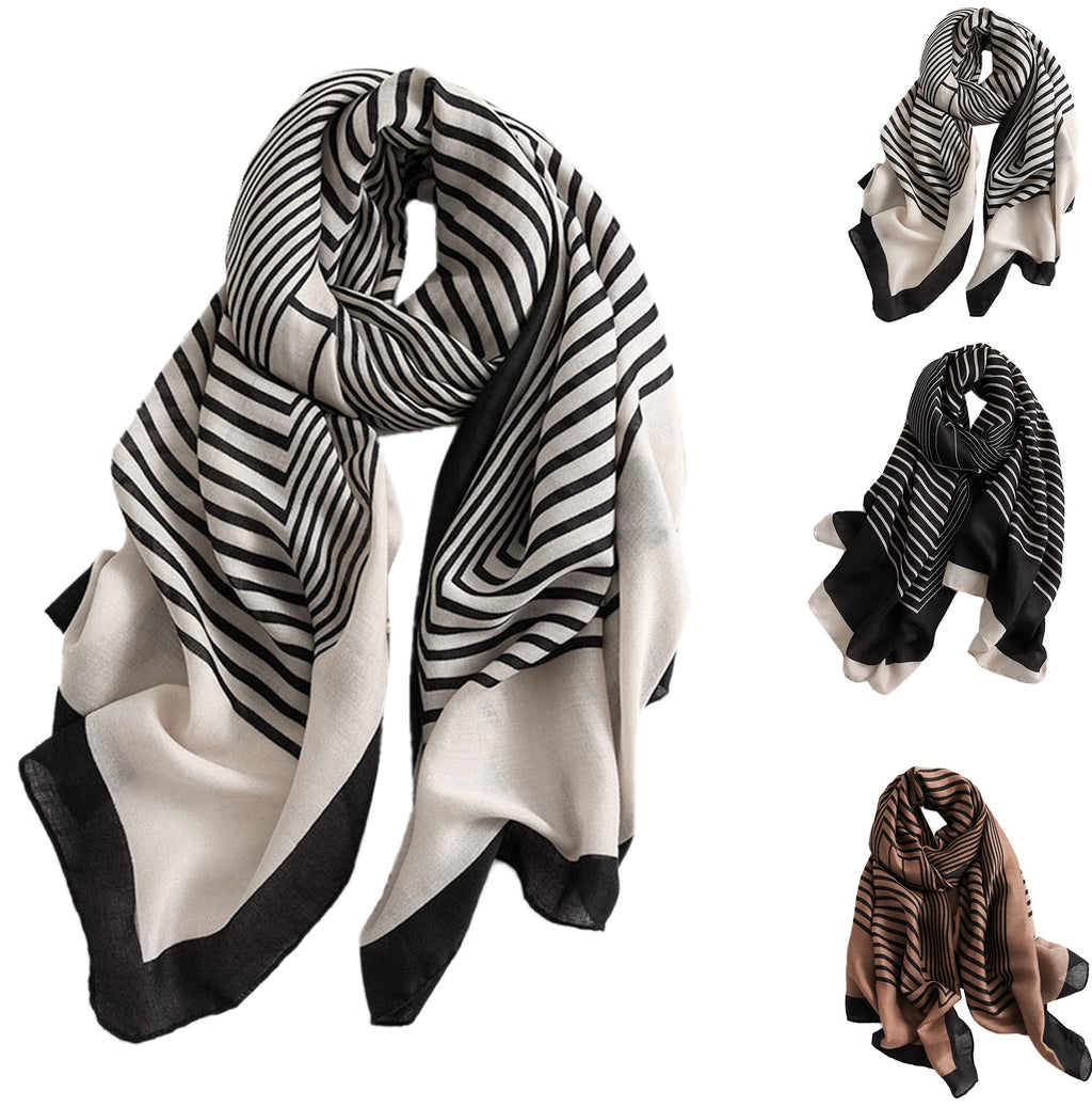 Striped scarf set on white: black-and-off-white and brown-and-black variants