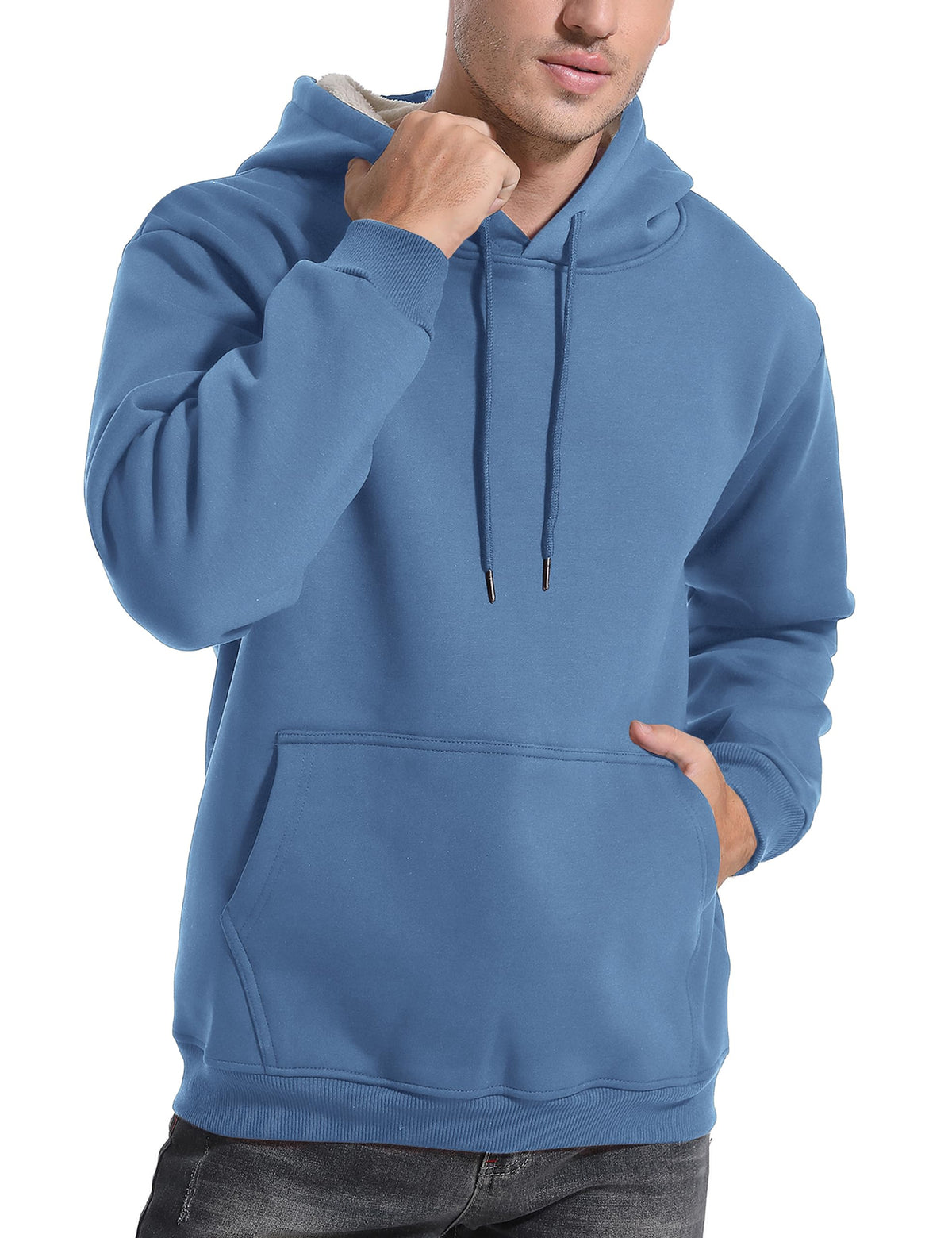 Blue sherpa-lined fleece pullover hoodie with hood drawstrings and front kangaroo pocket.