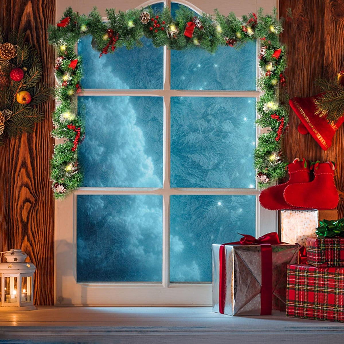 Decorative LED Christmas garland with green pine branches, red bows, berries, and warm lights