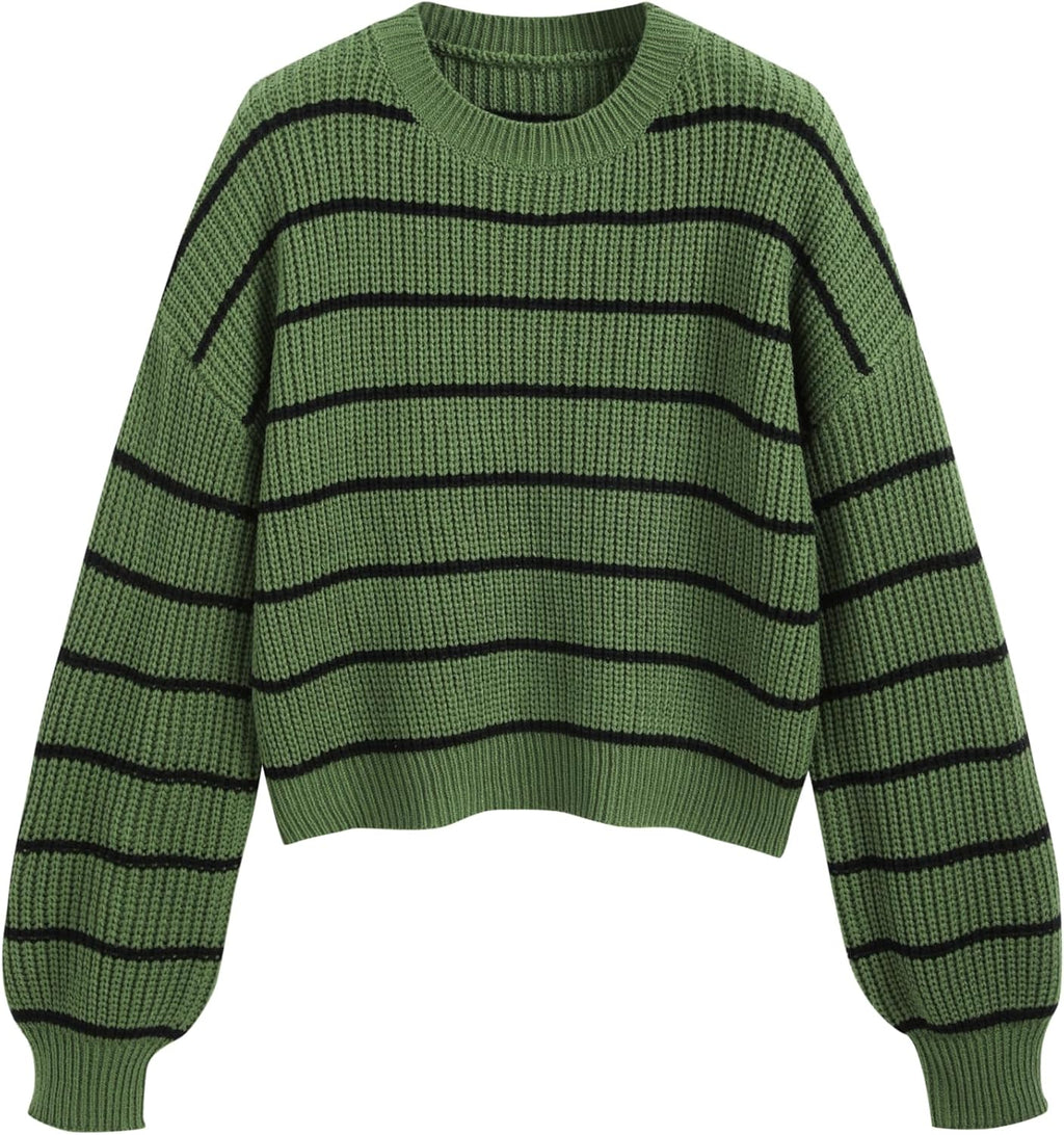 Green cropped crewneck sweater with long sleeves and black horizontal stripes