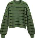 Green striped cropped crewneck sweater, long sleeves, ribbed knit cuffs