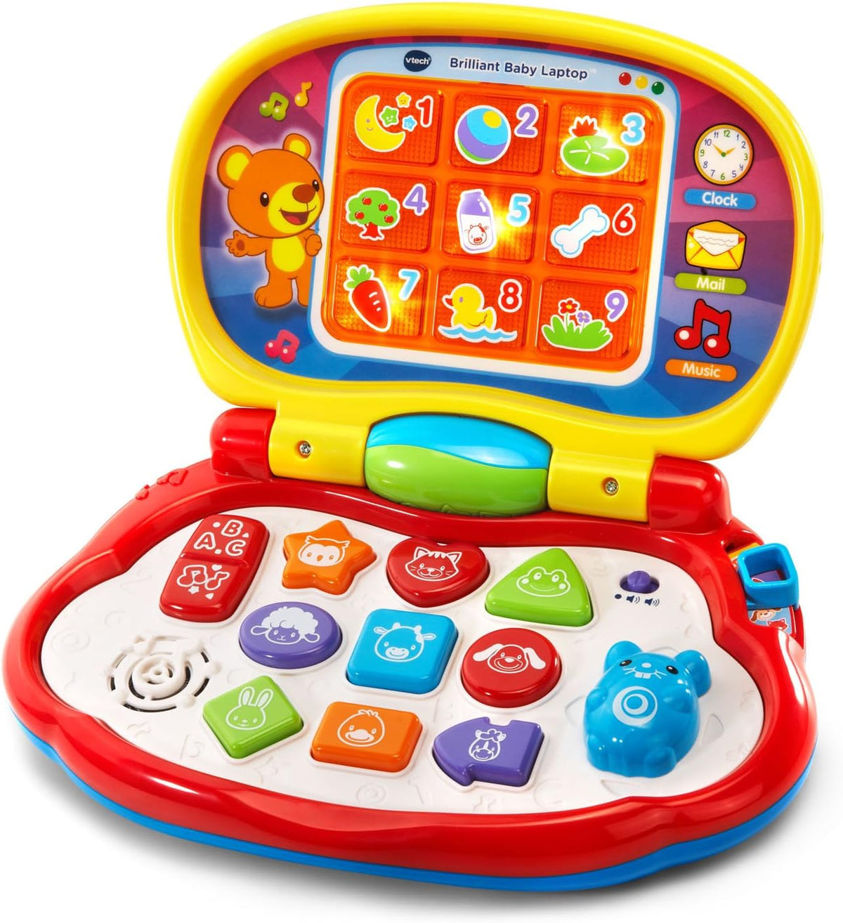 Red and yellow interactive toddler laptop toy showing numbered animal icons and clock controls.