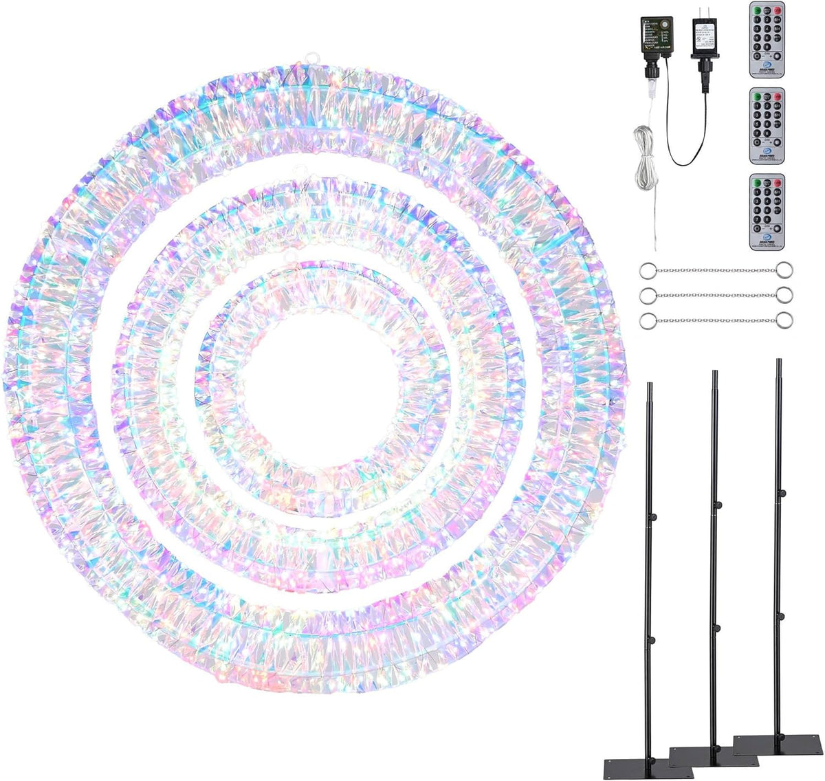 Pre-lit LED light kit with coiled ring lights, wire stakes, and power controller