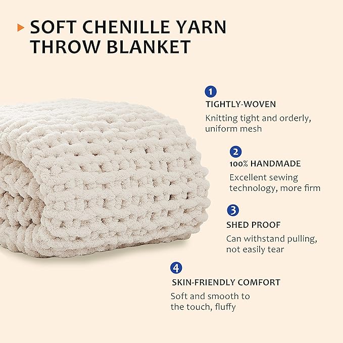 Chunky chenille throw blanket roll in off-white with dense textured knit pattern