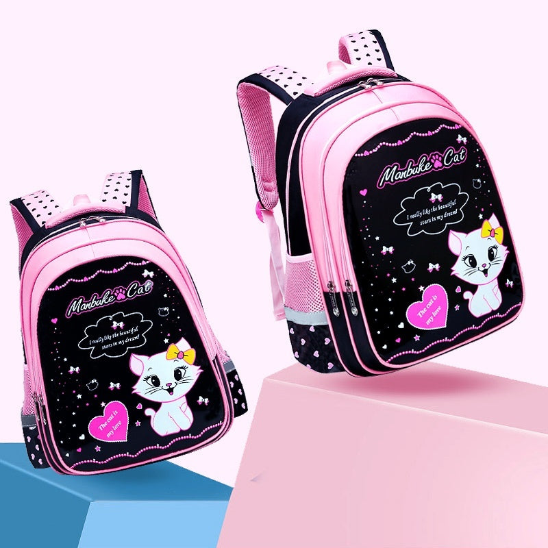 Pink kids cat print backpack with black accents and heart-and-stars graphic on front