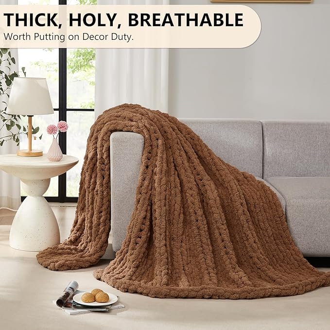 Brown thick ribbed knit throw blanket draped over a couch