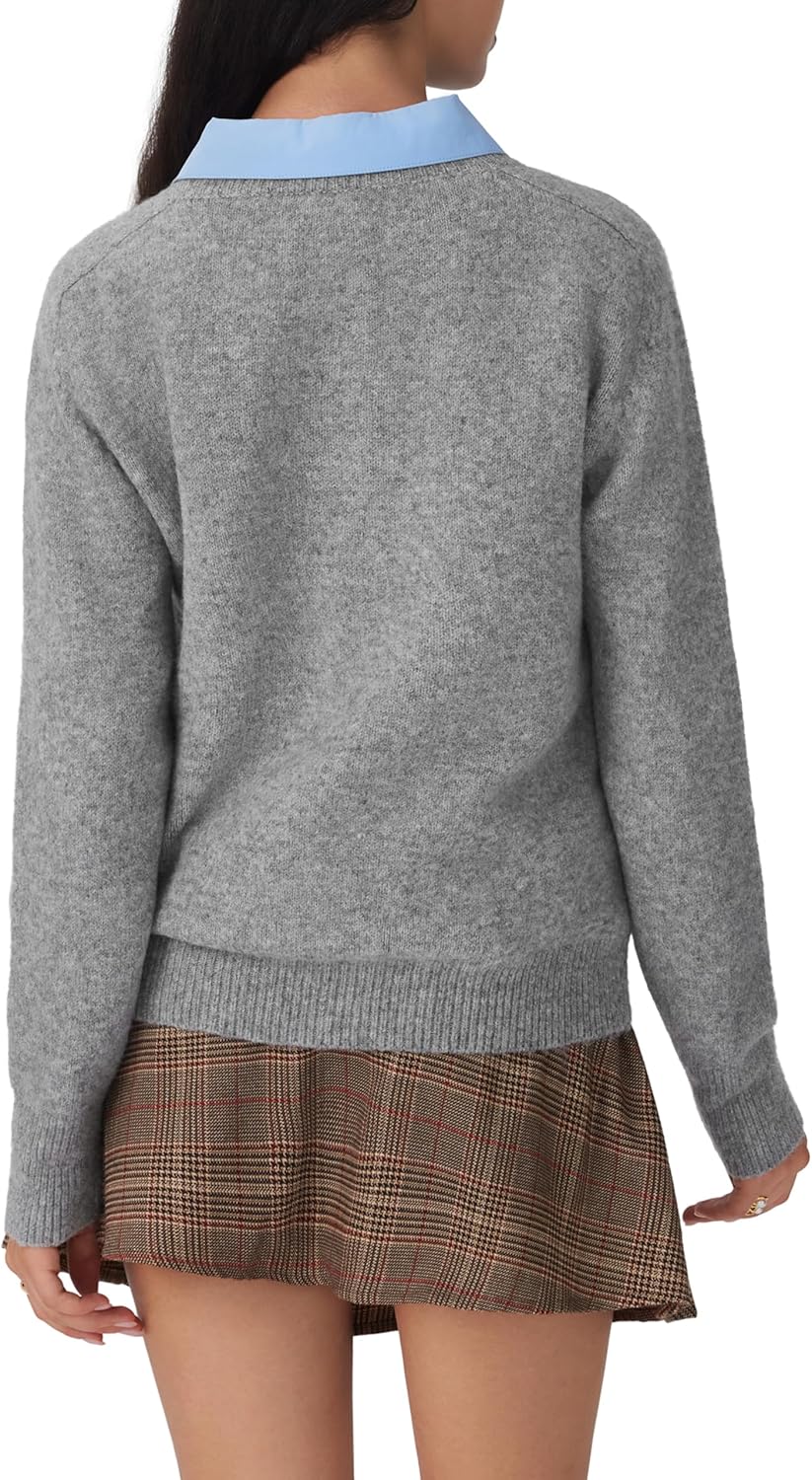 Dark grey crewneck knit sweater, long sleeves, plain back with ribbed hem