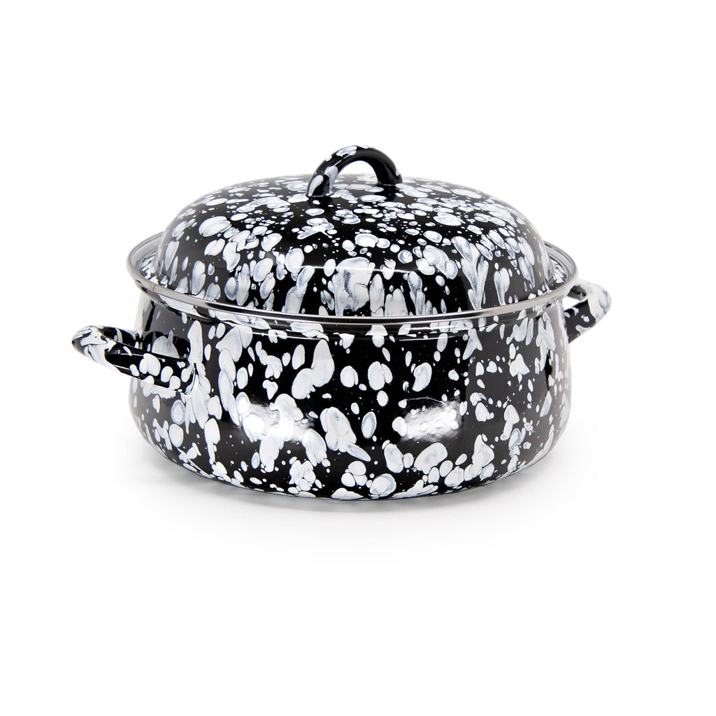 4-quart enamel Dutch oven with black speckle pattern and domed lid