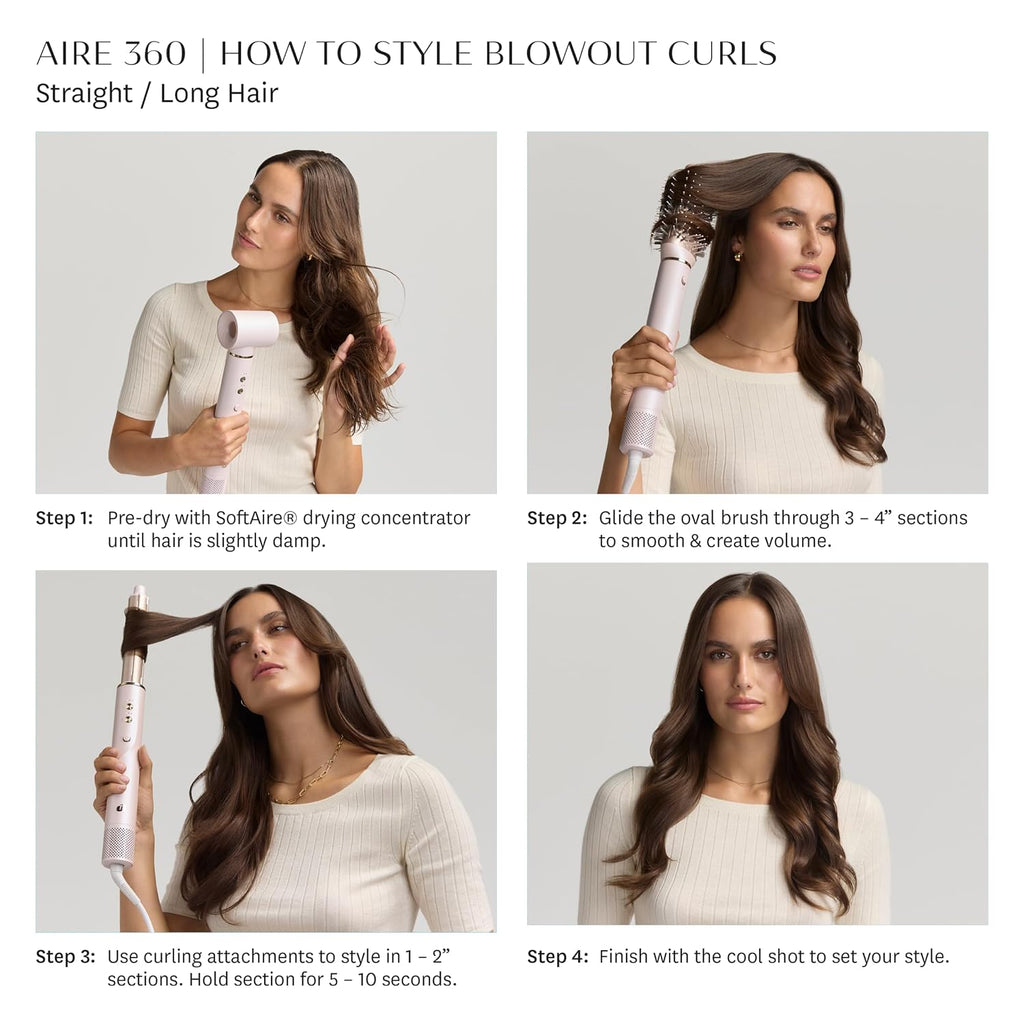 Multi-styler blowout curls how-to steps: pre-dry, curl sections, and cool shot
