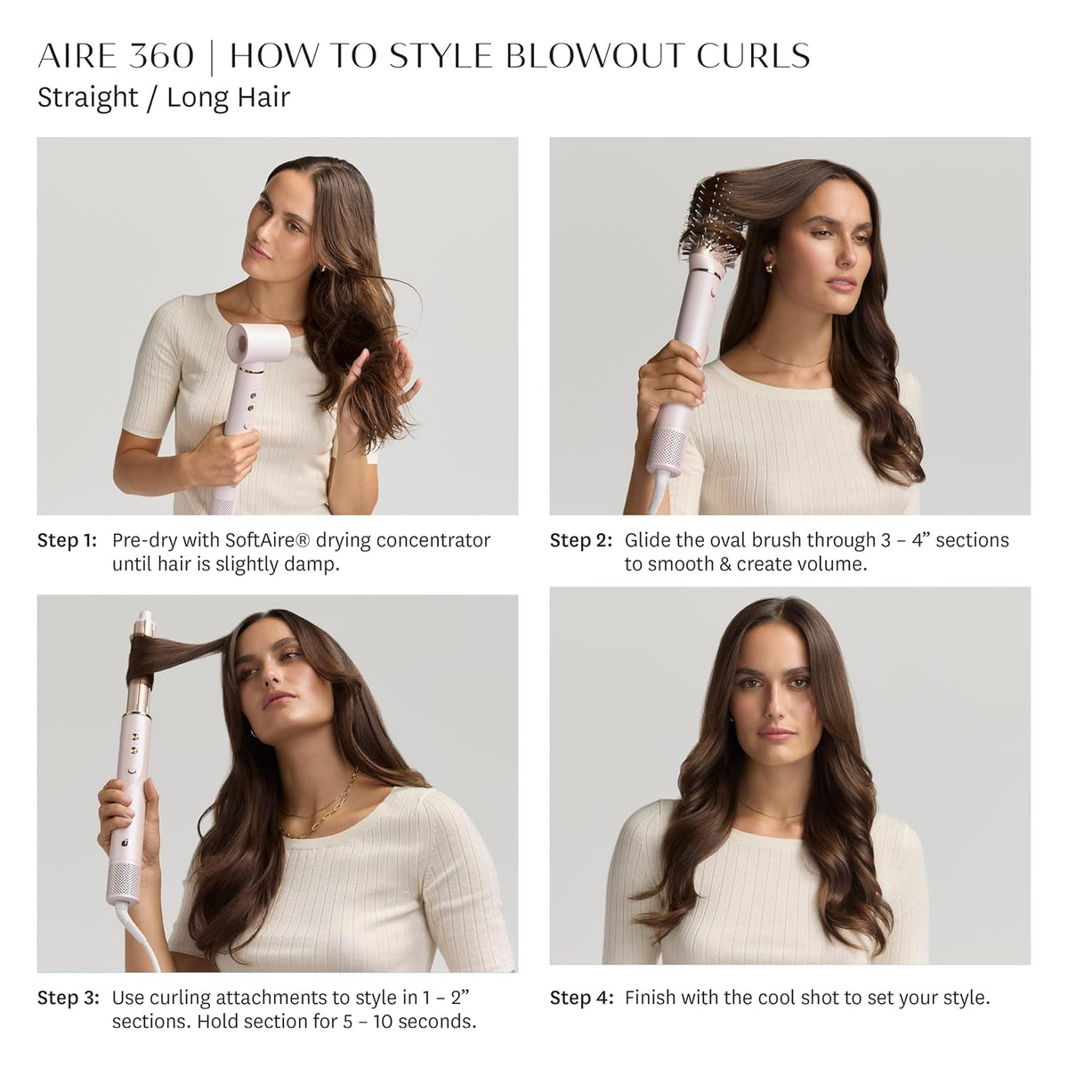Multi-styler blowout curls how-to steps: pre-dry, curl sections, and cool shot