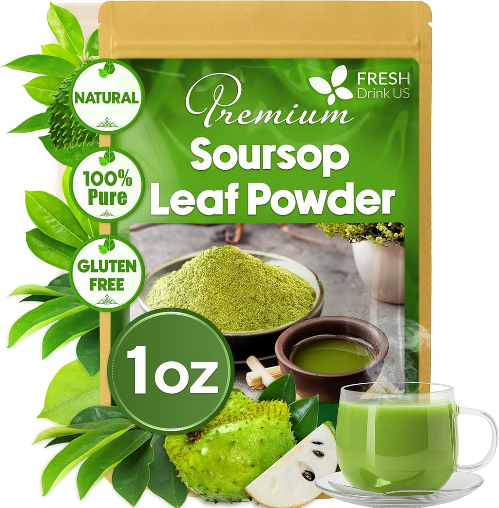 Soursop leaf powder pouch, 1 oz with bowl of powder and green tea cup