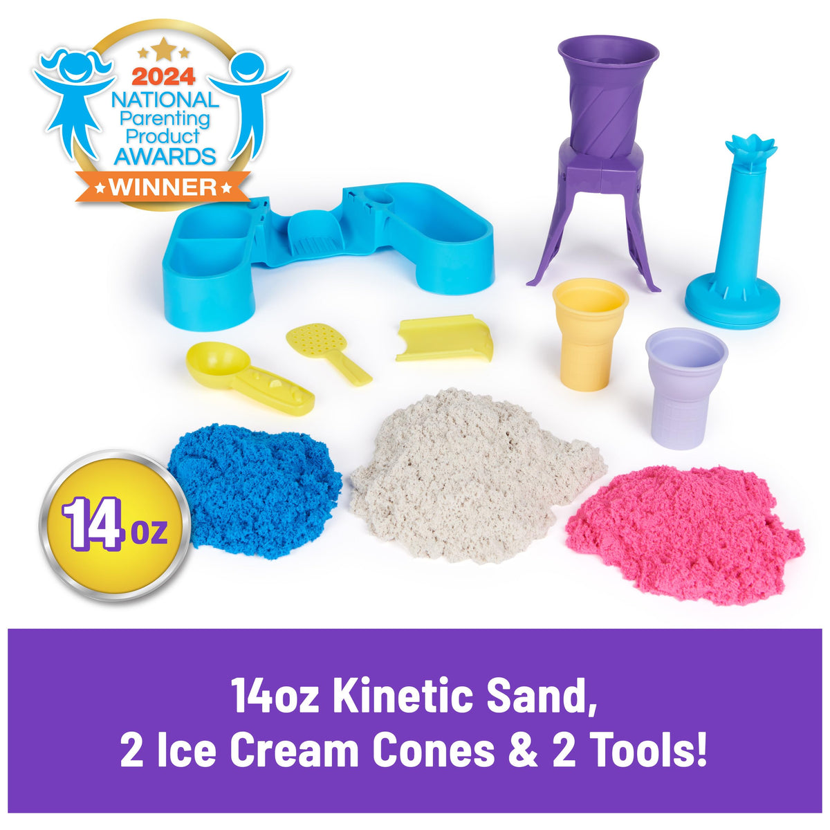Kinetic sand station kit with tools, cups, and colored sand pieces
