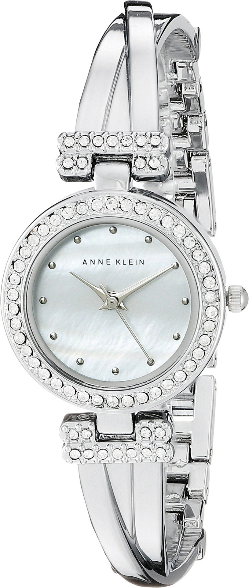 Silver-tone bangle watch with crystal bezel and light blue dial, bracelet cuff set