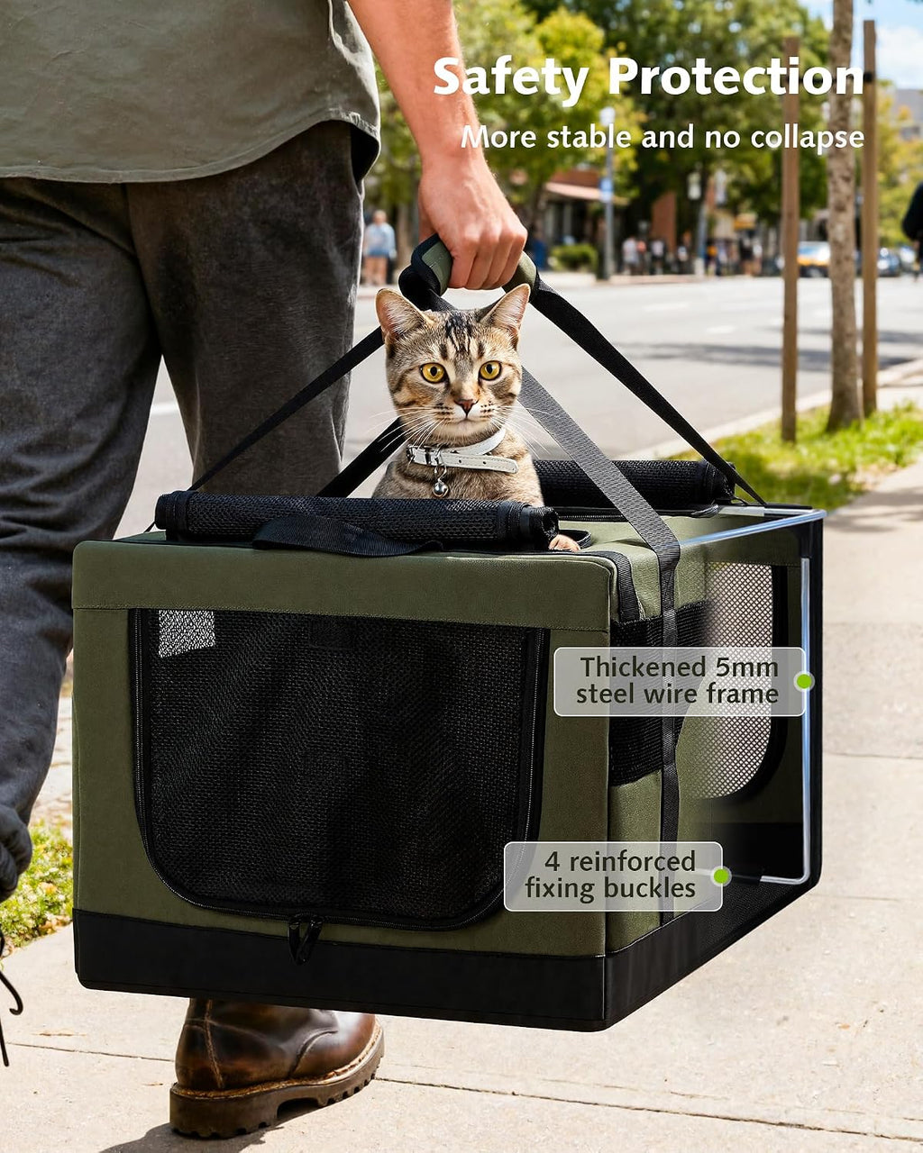 Green portable pet carrier with mesh windows, sturdy frame and reinforced carrying handles
