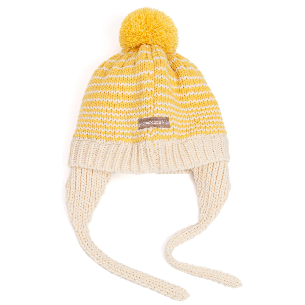 Yellow-and-off-white striped knit beanie with top pom-pom and long tie earflaps