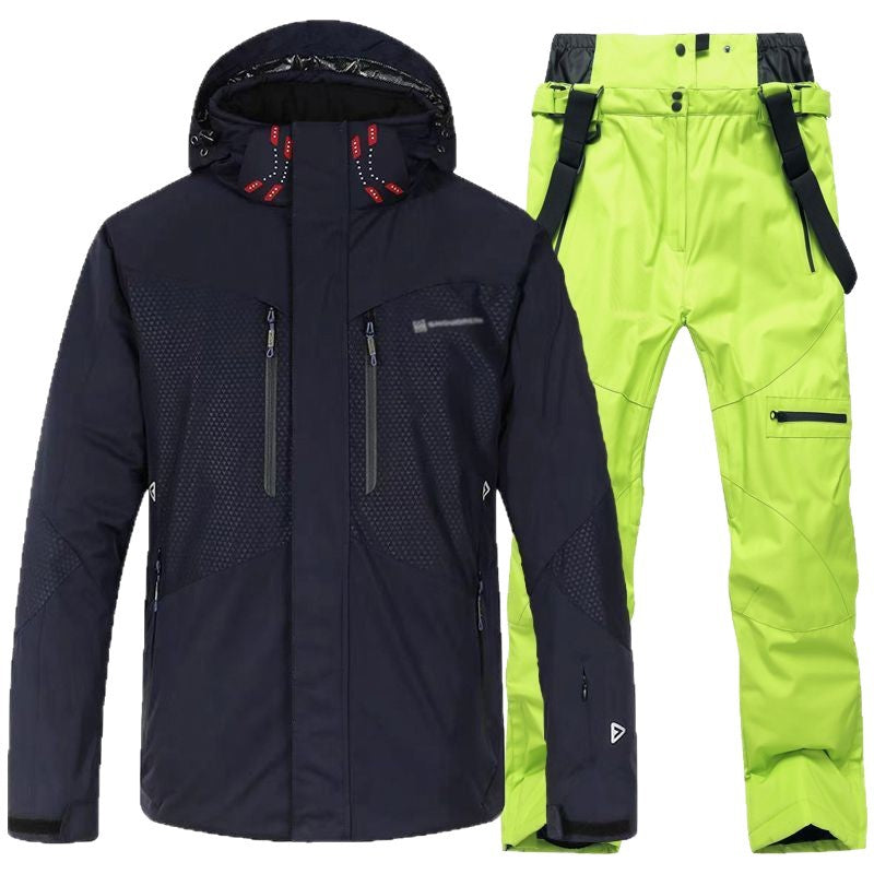 Men's black waterproof insulated ski jacket and neon green ski pants set