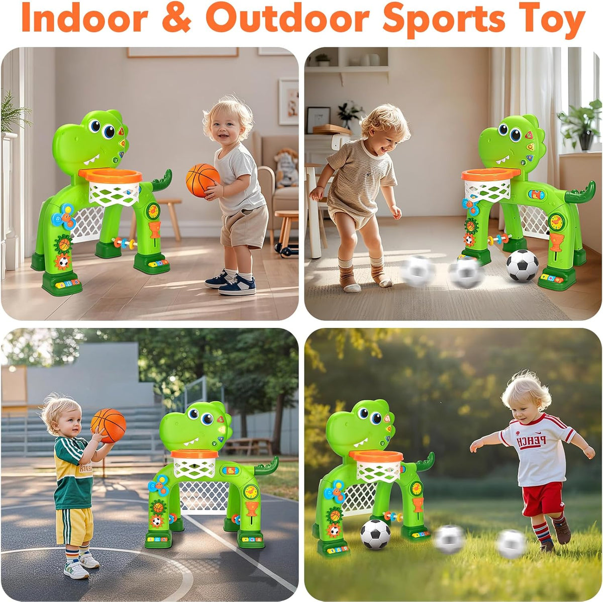 Green dinosaur sports toy basketball hoop with soccer net and rolling balls